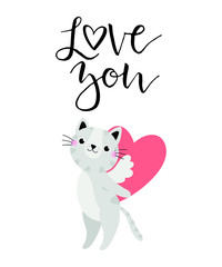Valentines day greeting card with cute cat and text Love you. Vector illustration.