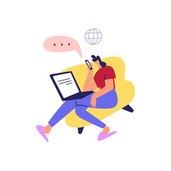 Woman in a chair with a laptop and smartphone. Freelancer works at home or manager at remote work, searching for new ideas solutions, working together in the company. 