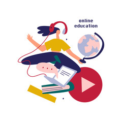 Fototapeta premium Flat design concept of online education, training and courses, learning, video tutorials. Illustration for website banner, marketing material, presentation template, online advertising.