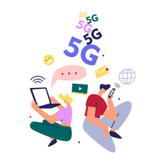 People use high-speed Internet by gadgets. 5G network wireless technology. Flat cartoon style illustration.