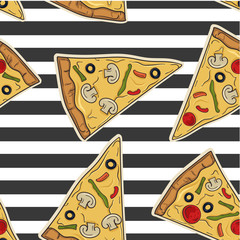 Pizza pattern in comic cartoon style with stroke. Bright food pattern for textile or kitchen decoration.