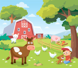Obraz premium Summer picture view landscape with farm animals cow pig chicken and barn. Summer holidays at the countryside.