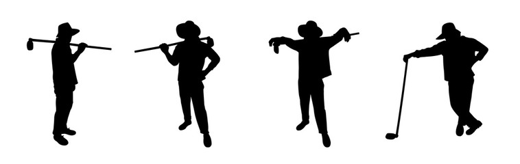 The farmer standing and posing with hoe. Different character. Silhouette vector design. Gardener, field, agriculture. 