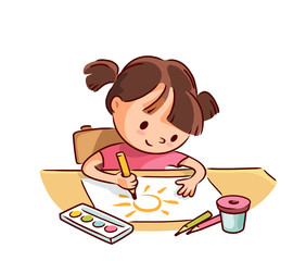 Little child baby girl drawing picture with pencils and watercolor sitting at the table. Drawing kid activity in art class. Learning how to draw.