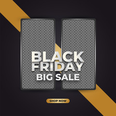 Black Friday sale banner or poster with smartphone mockup on black and gold background