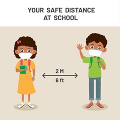Social distance at school vector illustration. New normal lifestyle concept. Happy kids wearing face mask and social distancing 2 meters or 6 feet