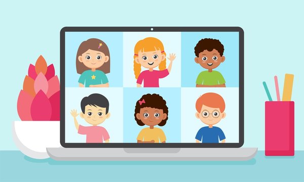 Online education vector illustration. Smiling kids on a screen of laptop. Video conference with pupils. 