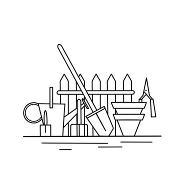 recommend clip art: Contour illustration of gardening tools. Watering can, shovel, rake, pots and fence. An active hobby in nature. Vector outline drawing for coloring pages, logos, banners and your design.