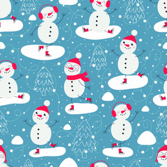 Christmas seamless pattern with snowmen ice skater.
