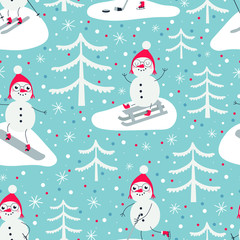 Seamless pattern with snowmen by sport. Snowman on skateboard, snowman ice hockey player, snowman ice skating and snowman skiing.