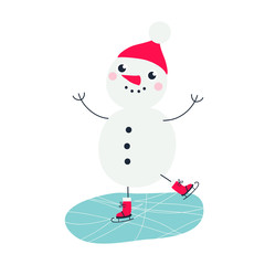 Vector illustration with happy snowman ice skater.