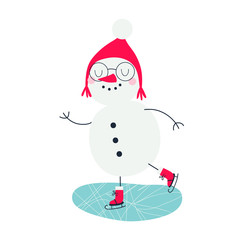Vector illustration with happy snowman ice skater
