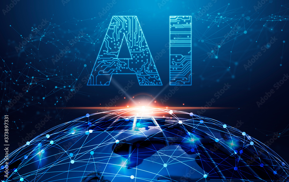 Poster Artificial Intelligence Concept. Lettering AI Over Planet Earth Globe With Connection Dots
