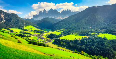 Fototapeta na wymiar Funes Valley aerial view and Odle mountains, Dolomites Alps, Italy.