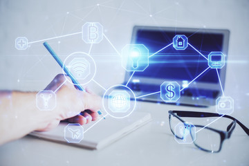 Man's hands working with notes background. Social networking concept.