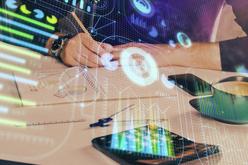 Writing Man hands with data theme multi exposure icons.