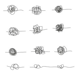 Set of random chaotic lines. Hand drawing insane tangled scribble clew. Vector icon isolated on white background. Editable stroke. - obrazy, fototapety, plakaty