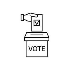 Vector vote line icon. Hand putting ballot paper in the voting box. Election illustration.
