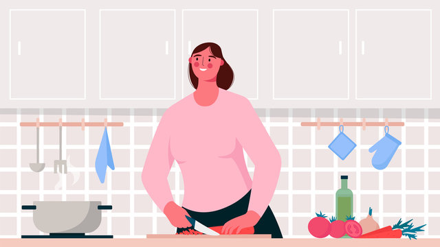 Home cooking. Woman cooking in kitchen. Young girl preparing healthy meals at home, making lunch or dinner, cutting vegetables. Pastime activity or culinary hobby. Flat colorful vector illustration.