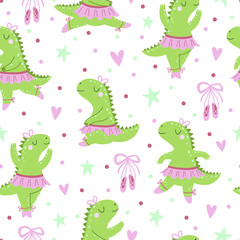 Seamless pattern with cartoon dinosaurs ballerinas.