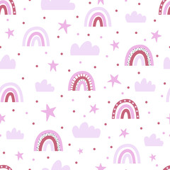 Seamless pattern with pink clouds, stars and rainbows.