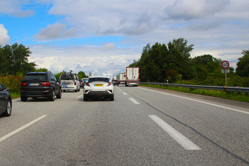 Fototapeta na wymiar Traffic jam at the German-Danish border due to entry control (A7 near Flensburg, Germany)