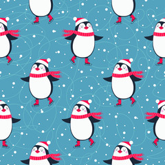 Christmas seamless pattern with cute penguins ice skaters.
