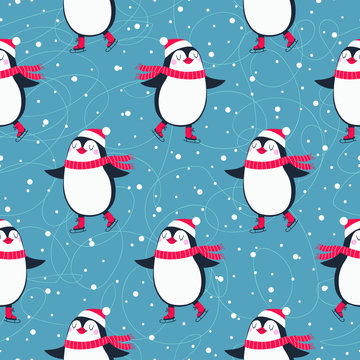 Christmas seamless pattern with cute penguins ice skaters.