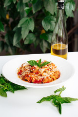 Italian meatballs spaghetti pasta with white wine