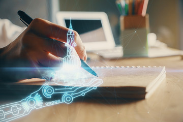 Start up creative drawing over close up hands on background. Concept of brainstorming. Multi...