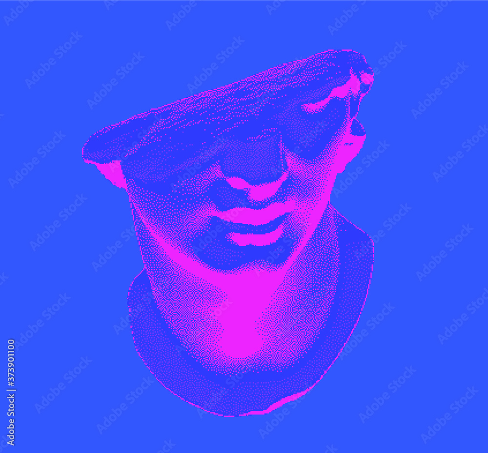 Poster plaster bust in bitmap pixel art style. vaporwave and retrowave aesthetics from the 80s.
