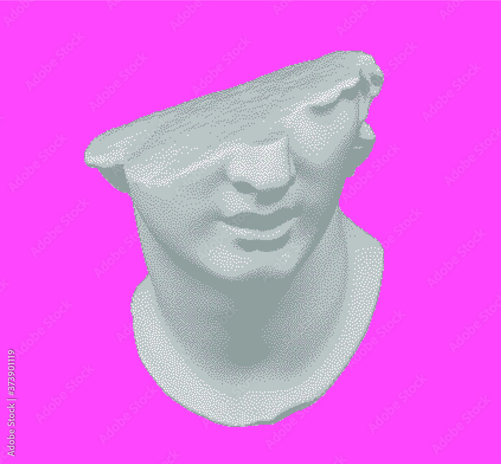 Poster plaster bust in bitmap pixel art style. vaporwave and retrowave aesthetics from the 80s.