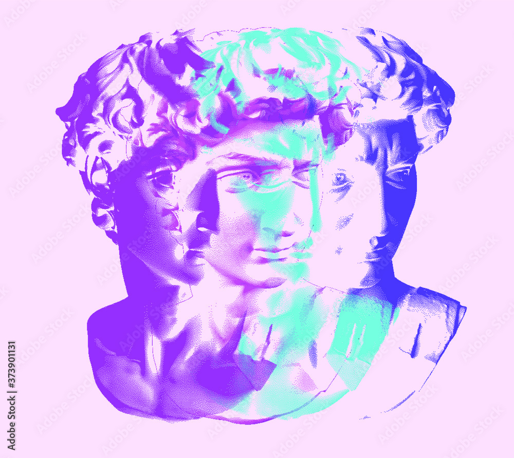 Poster plaster bust in bitmap pixel art style. vaporwave and retrowave aesthetics from the 80s.