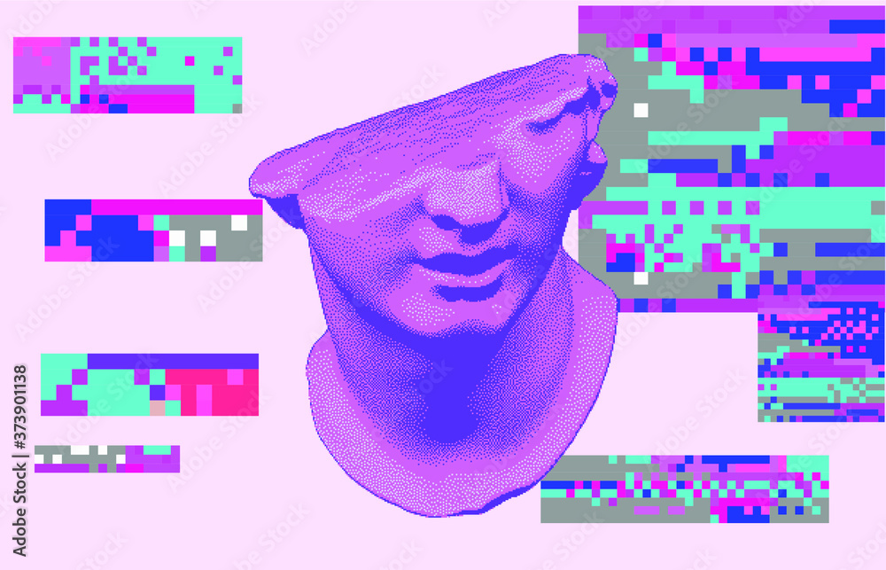 Poster cyberpunk-style collage with fragmentary colossal 3d head and pixel artifacts. vaporwave and retrowa