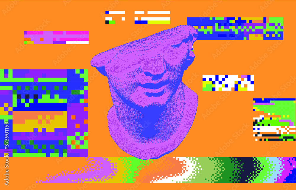 Aufkleber Cyberpunk-style collage with fragmentary  colossal 3D head and pixel artifacts. Vaporwave and retrowave aesthetics from the 80s.