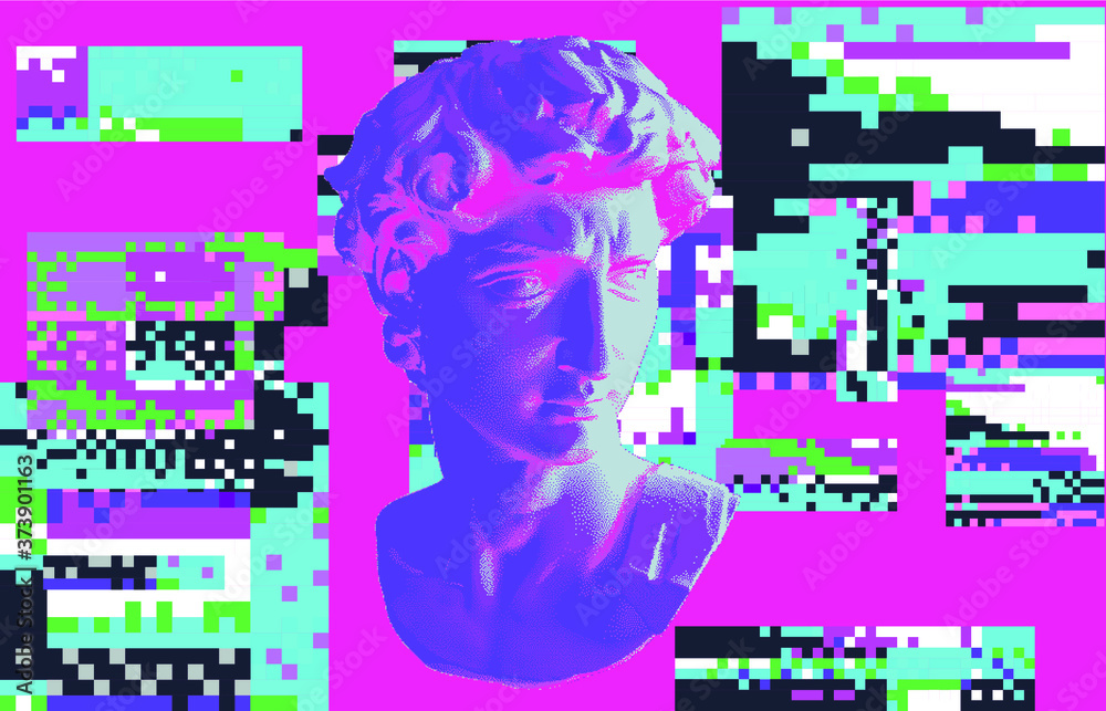 Poster plaster bust in bitmap pixel art style. vaporwave and retrowave aesthetics from the 80s.