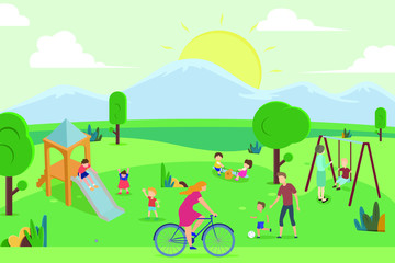 Childhood vector concept: crowd of children and parents playing on the playground field with mountain background