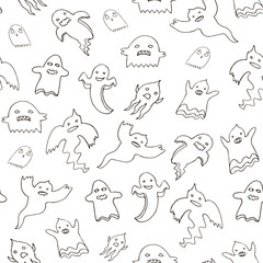 Halloween seamless vector hand drawn ghost funny doodle pattern