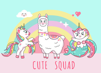 Cute unicorn, lama alpaca, mermaid cat, flamingo and inscription cute unicorn squad vector illustration