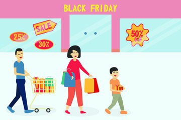 Obraz premium Black Friday sale vector concept. Family group shopping in the mall on Black Friday