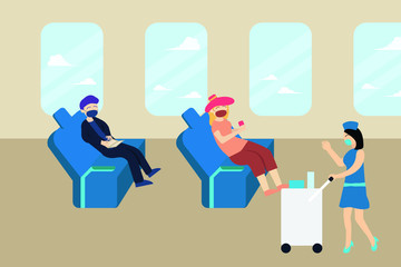 New Normal vector concept: stewardess wearing a face mask while greeting the passengers
