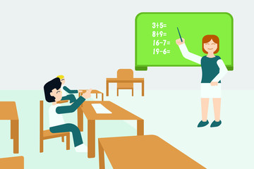 Mathematics study vector concept: woman happily teaching mathematics to the male elementary students