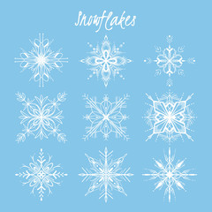 Fototapeta na wymiar Set of Snowflakes Winter Clipart, Christmas holiday snow decor clip art Christmas Cards, hand-drawn, graceful delicate white snowflakes isolated on blue background. Vector
