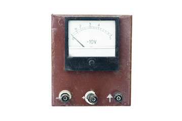 Old retro analog educational voltmeter isolated on the white background.