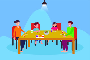 Family healthy lifestyle vector concept: group of family eating vegetables together happily in the dining room