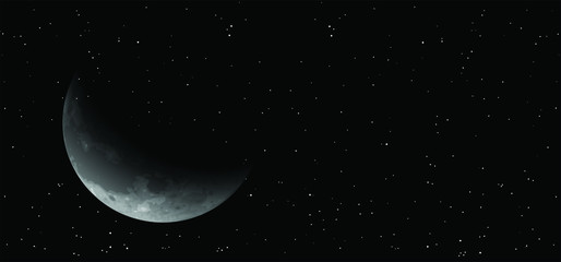 Vector moon and stars background. Moonlight night sky with stars. View lunar phase in space. Earth's moon glowing. Full Moon, supermoon, sar, blue maan, half moon, new moon. Moon shines through the tr