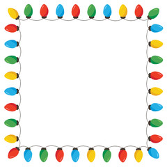 Vector Retro Colorful Holiday Christmas and New Year String Lights Isolated Square Frame on White Background. Winter Holiday Circular Decorative Element Perfect for Invitations, Postcards, Banners