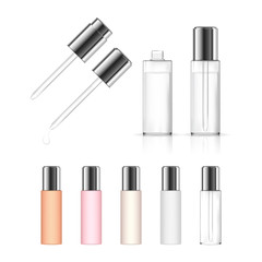 Cosmetic transparent bottle with dropper isolated on white background. Beauty product package. Vector illustration.