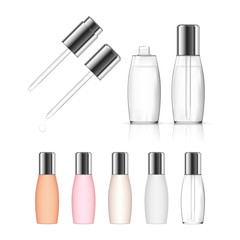 Cosmetic transparent bottle with dropper isolated on white background. Beauty product package. Vector illustration.