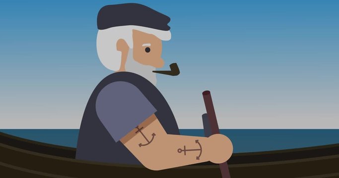 Old Seaman Rowing a Wooden Boat on the Sea - Loopable Animation Video.